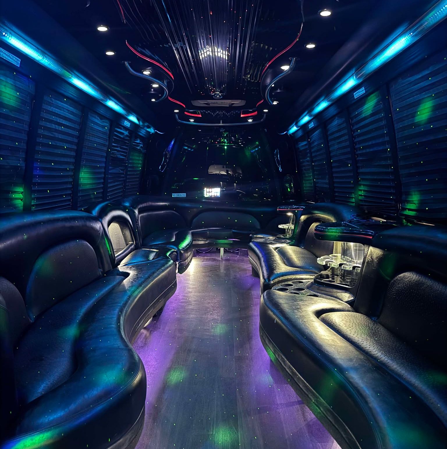 Luxury 28 Passenger Party Buses Rental in Atlanta for rent featuring plush leather seating LED lighting and high quality sound systems for group celebrations.
