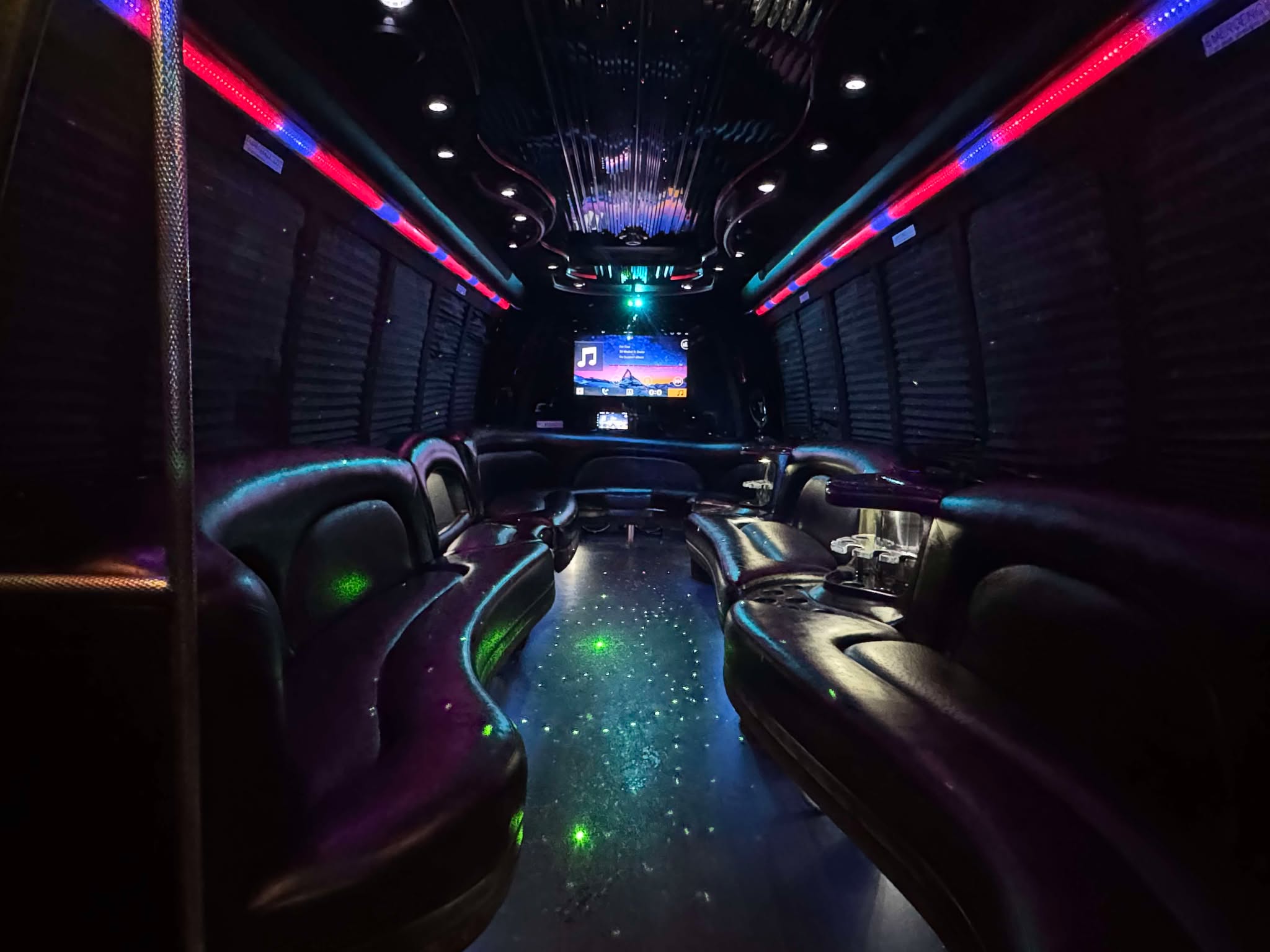 Luxury 28 Passenger Party Buses Rental in Atlanta with plush seating LED lighting and premium sound systems for an unforgettable experience