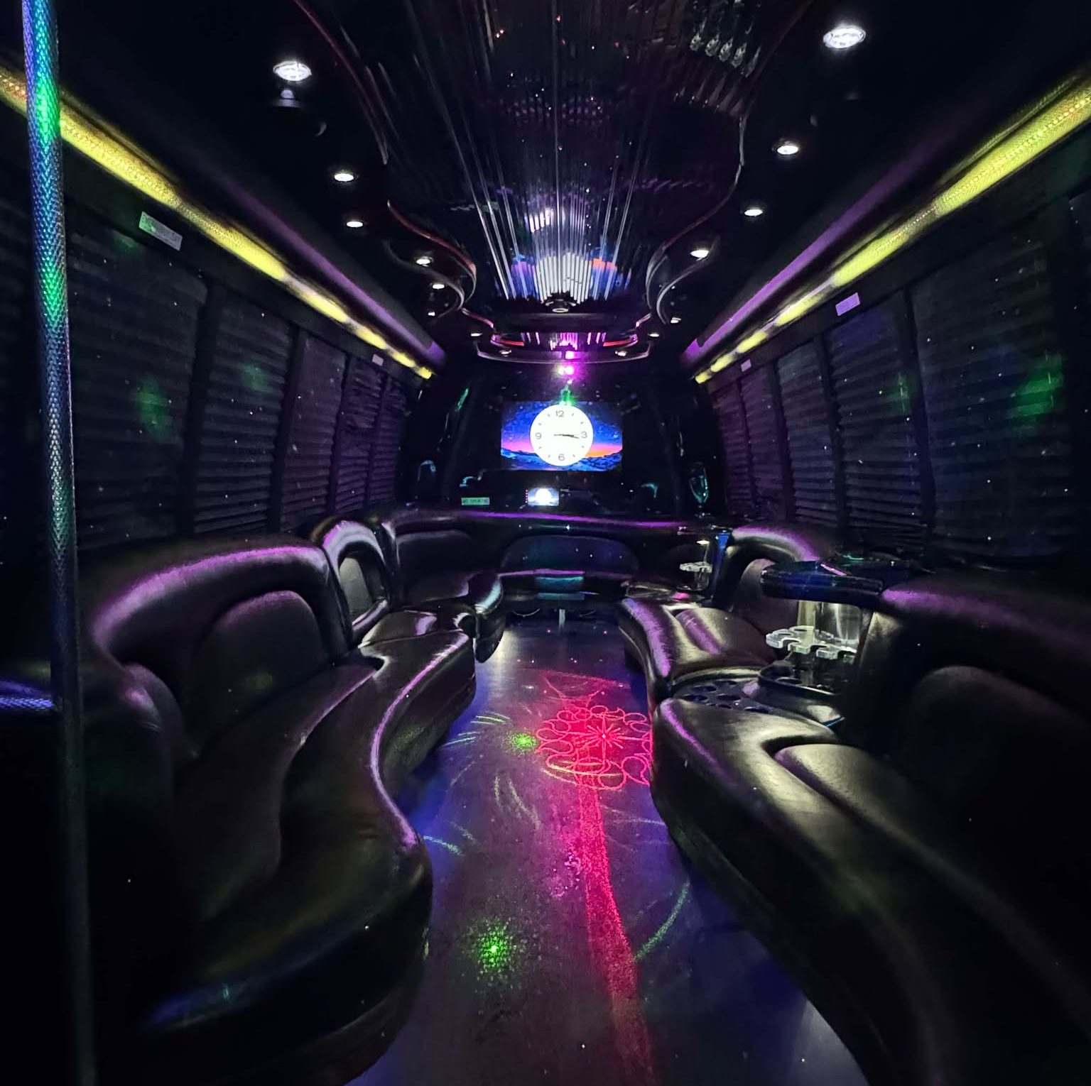 Spacious 28 Passenger Atlanta Party Buses for rent with luxury seating LED lighting and premium sound systems for group events and celebrations